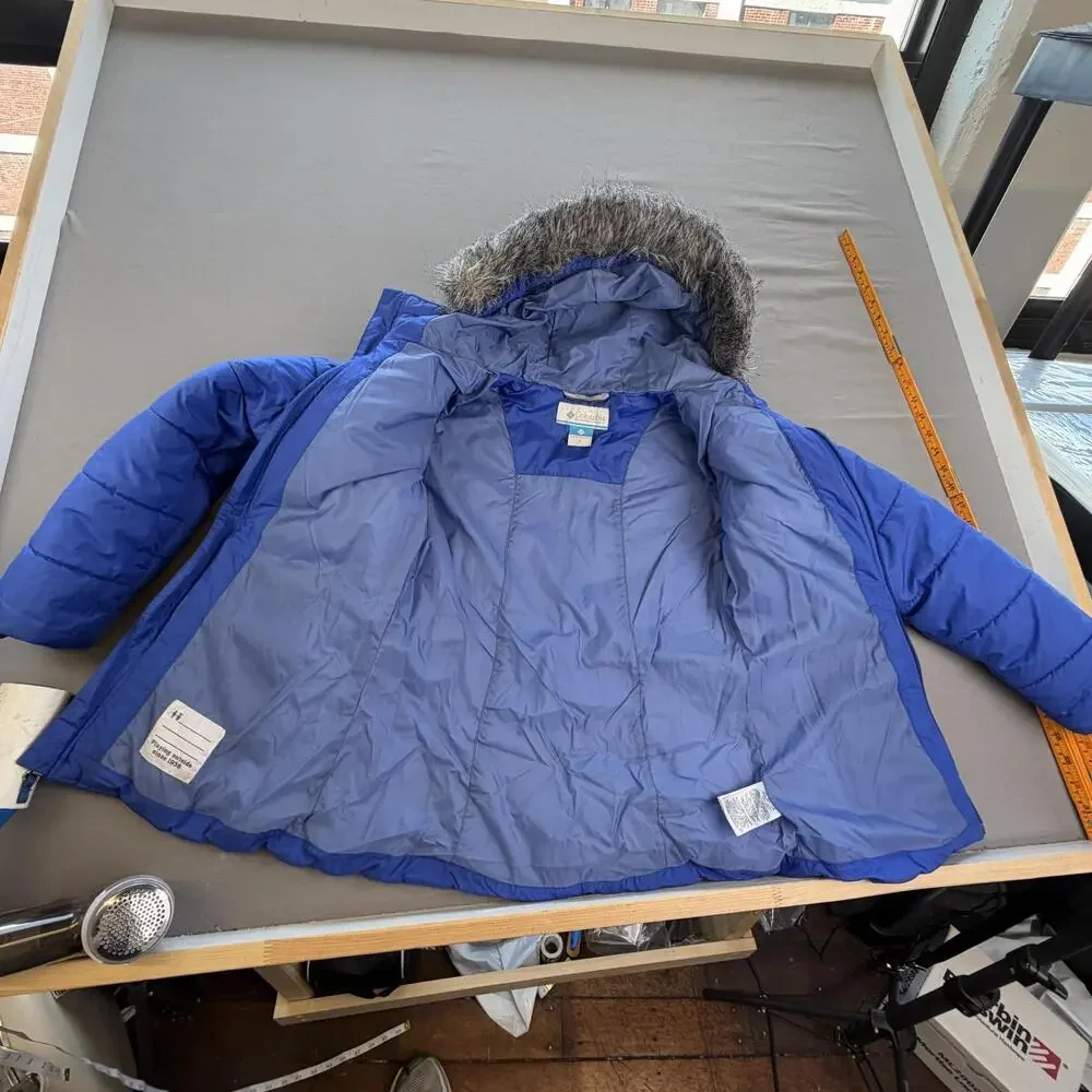 Columbia Coat Kids M 10-12 Blue Puffer Hooded Faux Fur Trim Parka Winter Snow